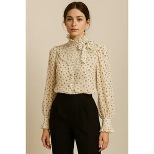 Vintage Ted Lapidus Paris Haute Couture Polka Dot Sheer Ruffle Pleated Blouse 36